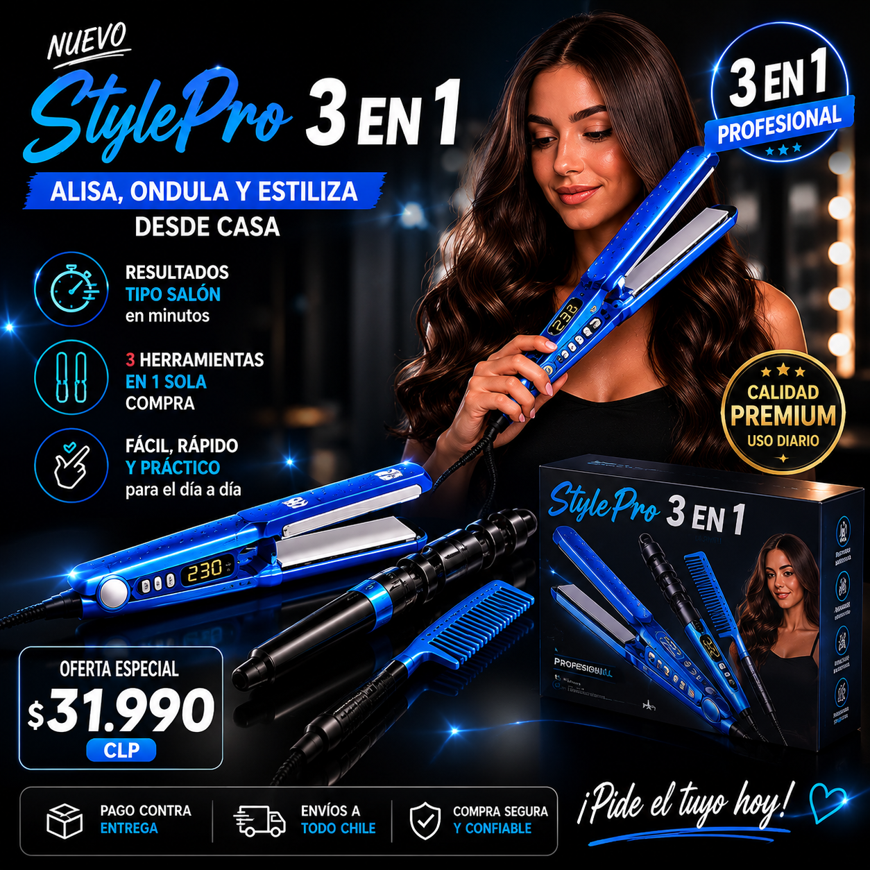 Kit de Plancha de Cabello+Rizadora+Peine